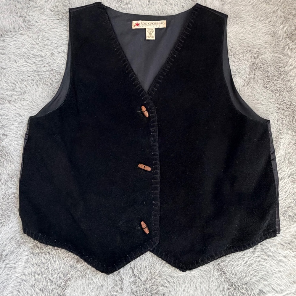Vintage Suede Leather Vest 90s Country Western Retro Wood Buttons Black Large